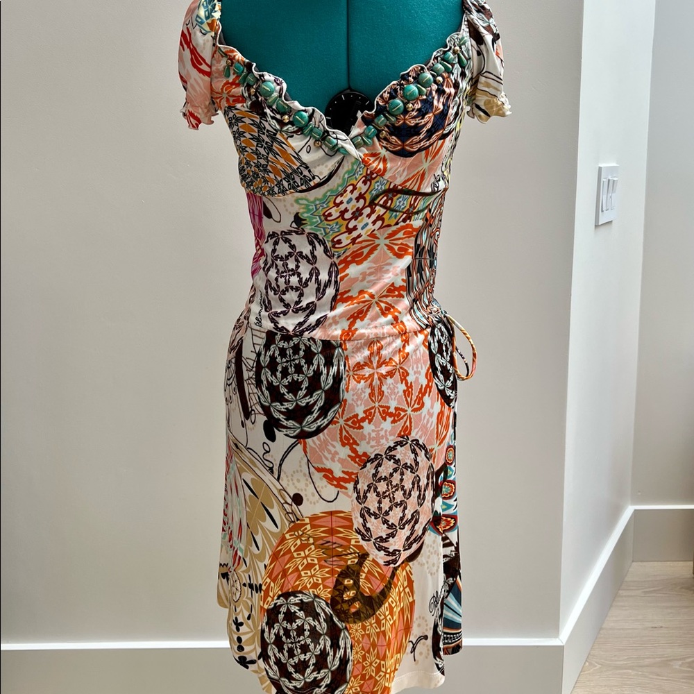 Blumarine Vintage printed dress with beaded detail on bust.